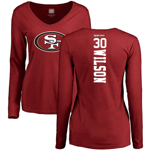 San Francisco 49ers Red Women Jeff Wilson Backer #30 Long Sleeve NFL T Shirt